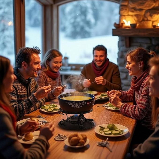 Artestia 2.11-Quart Swiss Design Ceramic Fondue Pot Set for Cheese, Chocolate Melting Pot with 6 Fondue Forks and Swiss Vintage Pattern, Perfect for 6 People, 10 Piece (AR-83008)