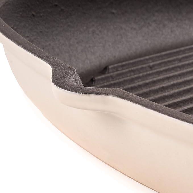 Berghoff Neo 2Pc Enameled Cast Iron Grill Set, Grill Pan 11 inches, Bacon/Steak Press 8 inches, Fast, Evenly Heat, Oven safe (Meringue)