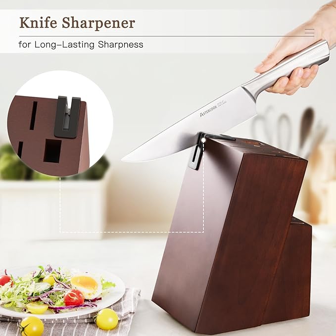 Astercook Knife Set, Kitchen Knives Set with Block and Sharpener Full Tang 15 Pcs Premium Stainless Steel Knives Ultra Sharp Blade Dishwasher Safe Knife Set with Anti-slip Ergonomic Handle, Walnut