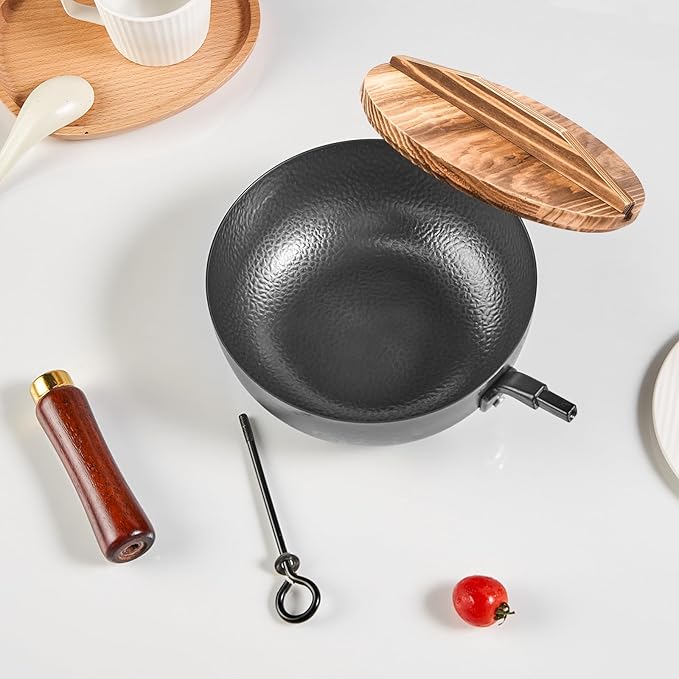 VIVIDCOOKWARE 7.8 Inch Small Wok, Cold-Forged Iron Pot with Wooden Lid & Handle, 1.6 QT Sauce Pan for 1-2 Servings, Multipurpose Flat Bottom Wok for Stir-Fry, Pasta & Soup, Induction Compatible