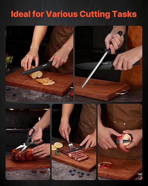 VEVOR Kitchen Knife Set with Block and Sharpener, 15 Piece German High Carbon Stainless Steel Knife Set, Kitchen Cutlery with PP Ergonomic Handle, Sharpening Rod and Wooden Block, for Home Cooks
