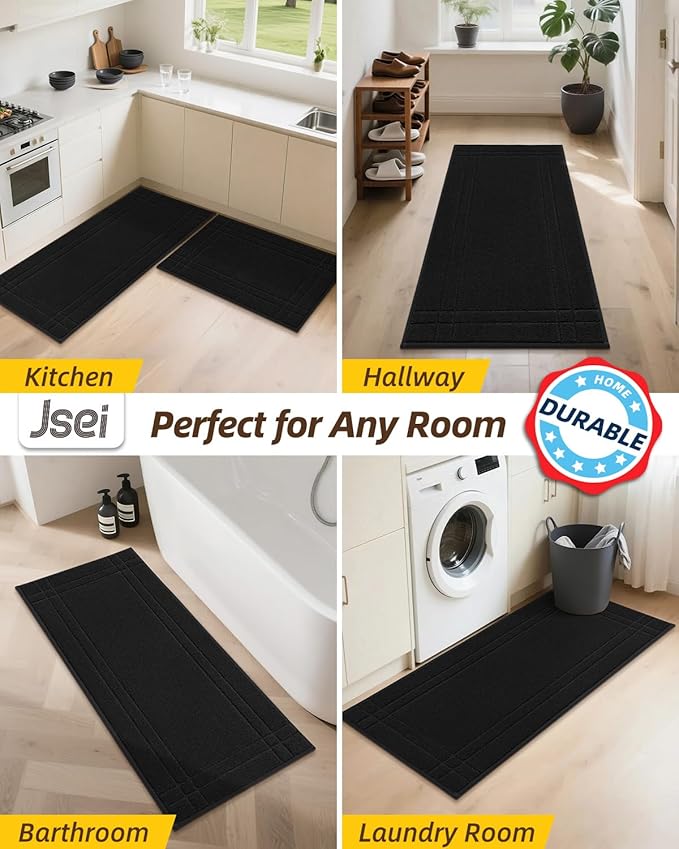 JSEI Kitchen Mats for Floor, Non-Slip Kitchen Rugs, Soft Washable Absorbent Kitchen Mats 2 PCS, Kitchen Runner Rug with TPR Backing, Polyester, 24"x36"+24"x60", Black