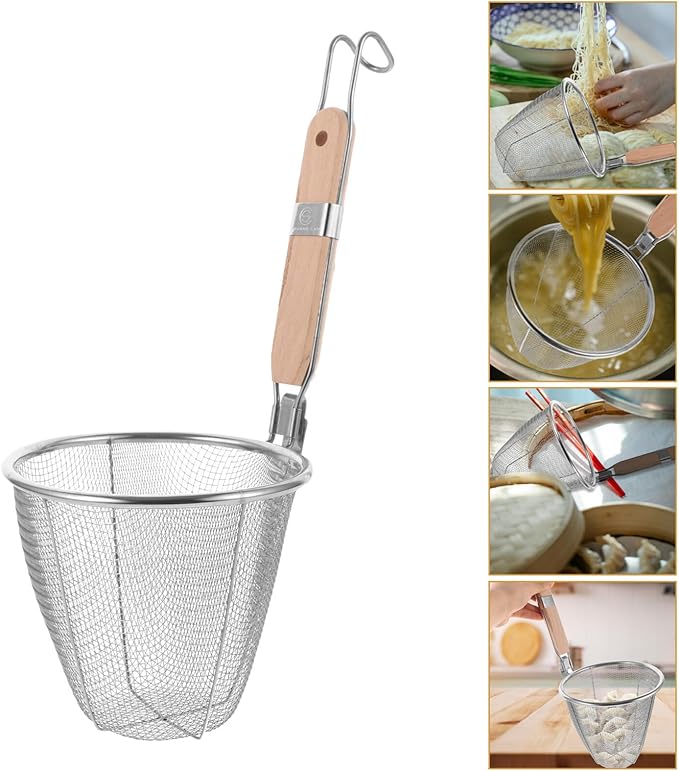Stainless Steel Pasta Strainer Basket with Wooden Handle 13 Inch Noodle Skimmer Spoon for Cooking Dumplings Hot Pot and Food Draining