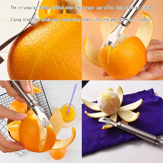 2PCS Stainless Steel Orange Peeler，Grapefruit Peeler，Easy to Peel, Long Handle Orange Citrus Peeler Tool, Triangular-Blade, Zigzag,Shovel Orange Peeler Gadget(2PCS)
