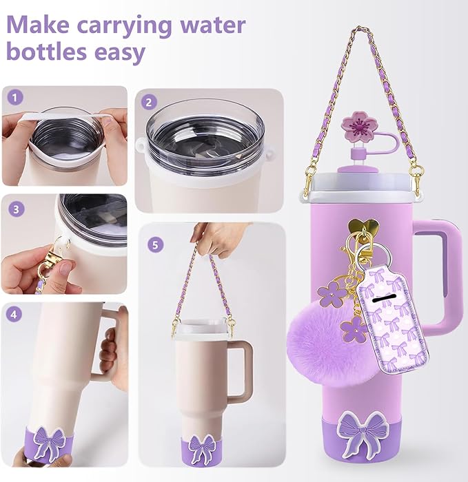 Accessories Set Including Water Bottle Handle Strap, Silicone Boot, Resin Butterfly Straw Cover, Straw Topper, Lip Balm Sleeve, Butterfly & Hairball Charms for Stanley Cup Tumbler