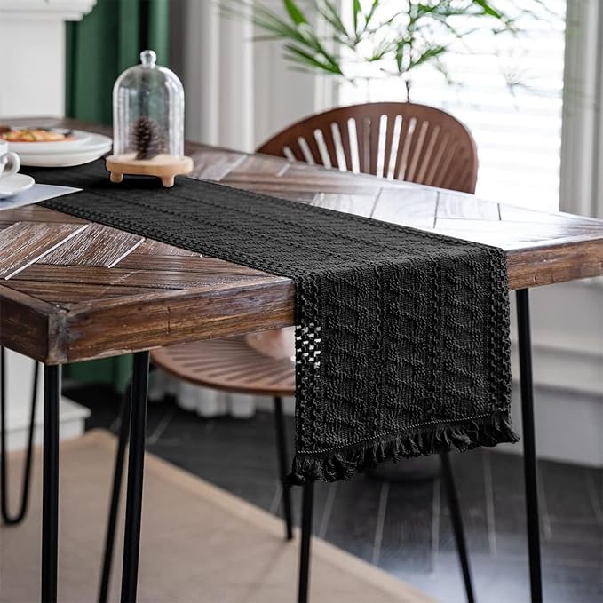 Alynsehom Macrame Table Runner Pure Black Boho Table Runners with Tassels Hand Woven Cotton Table Runner Rustic Farmhouse Table Runners for Bohemian Kitchen Dining Table(12x71in)