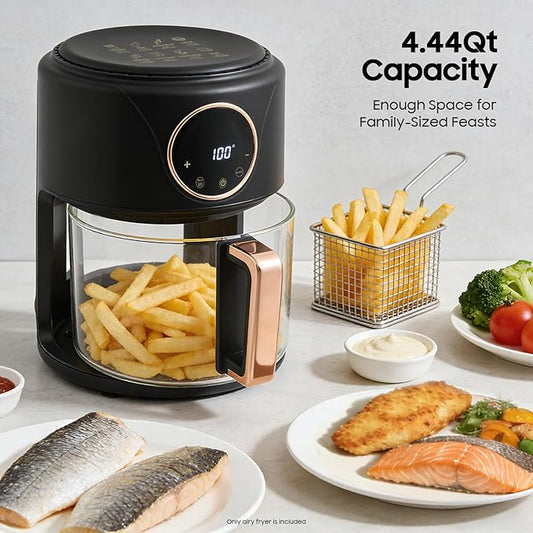 Glass Air Fryer - 4.5 Qt Transparent Viewing Pot with 8-in-1 Preset Cook Modes, 1200W Power & Precise Temp Control, Countertop Convection Oven for Healthy, Oil-Free Cooking (Black)