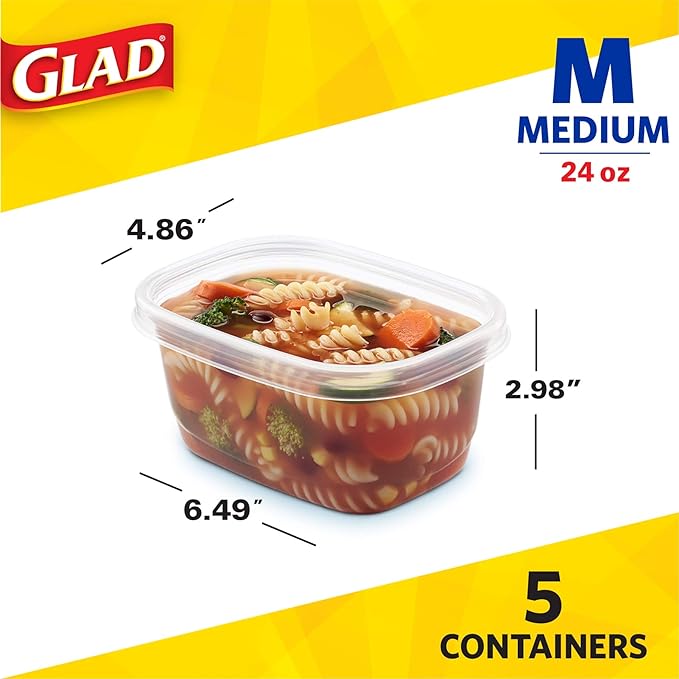 Glad GladWare Medium Rectangle Food Storage Containers with Lids, Airtight Leak-Resistant Plastic Containers for Soup Salad Meal Prep, Microwave Dishwasher Freezer Safe, 24 Oz, 5 Count - 6 Pack