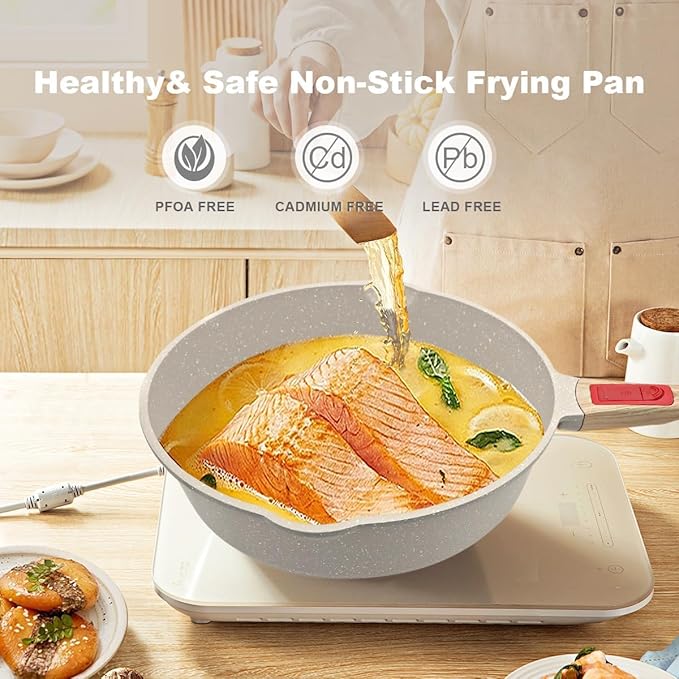 AIKENBBKK 11 Inch Nonstick Frying Pans with Lid, 5 QT Large Deep Frying Pan Skillet with Cover, Non Stick Cooking Sauté Pan Compatible with All Stovetops, Detachable Handle, Oven Safe, PFOA PFOS Free