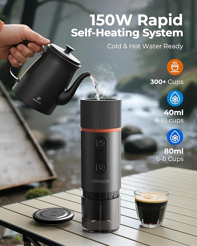 COTGCO Portable Espresso Coffee Maker, Travel Coffee Maker for Camping, 20 Bar Self‑Heating Rechargeable with USB-C, with NS Capsule for Car/Travel/Camping