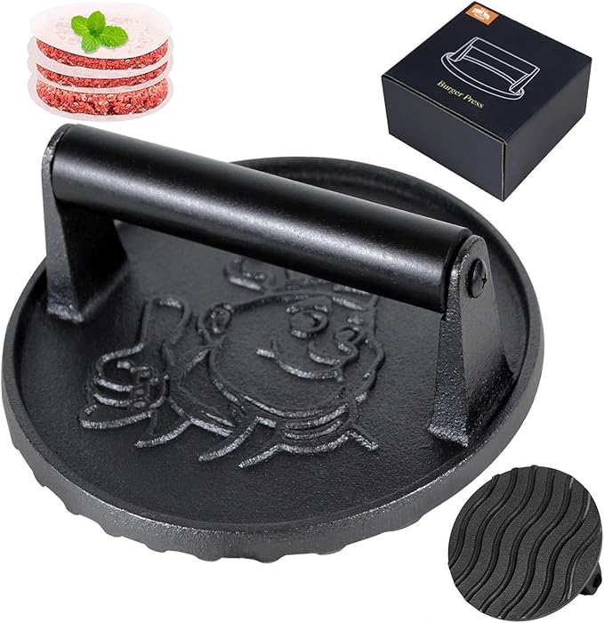 Heavy Duty Cast Iron Smashed Burger Press Kit, 6" Hamburger Smasher with Non-Slip Handles, Bacon Meat Weight Press for Steak, Smashburger, Grill and BBQs