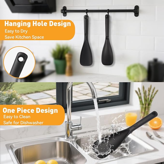 Multifunction Cooking Spoons for Nonstick Cookware, Seamless Design Silicone Spatula Spoon for Mixing, Scoop and Scrape, Dishwasher Safe, 2 Pack, Black