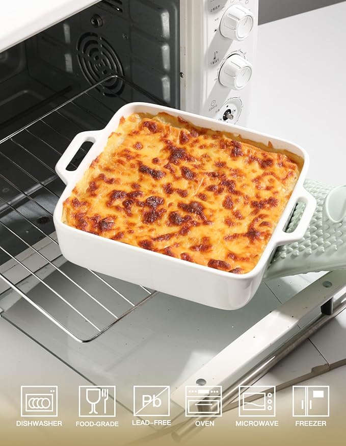 Sweejar 8x8 Baking Pan,Ceramic Casserole Dishes for Oven with Double Handles，2 QT Square Cake Baking Dish for Brownie,Lasagna,Casseroles,Family Dinner(White)