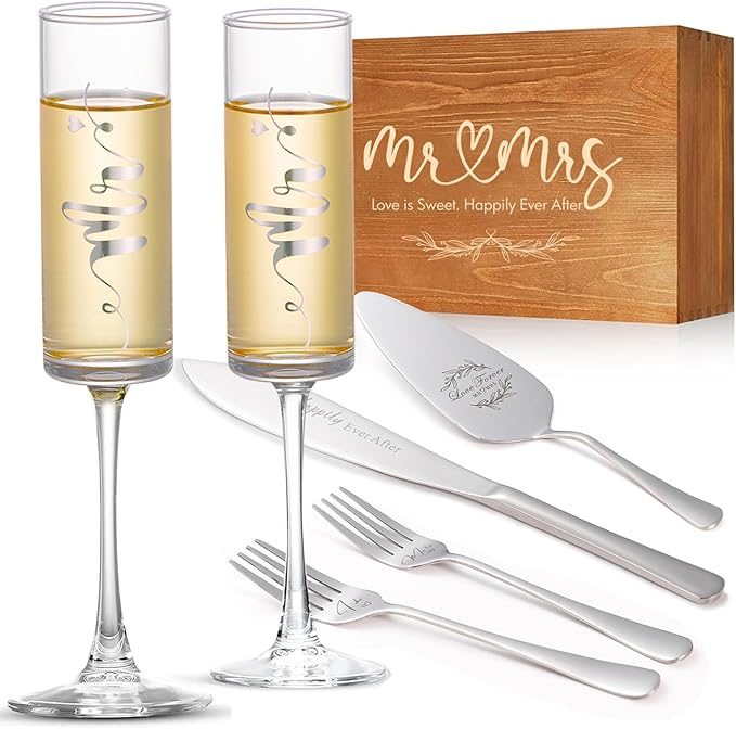 Wedding Cake Knife and Server Set, Mr and Mrs Champagne Flutes & Forks with Wooden Box, Silver Cake Cutting Set for Wedding Engagement Bridal Shower Gifts