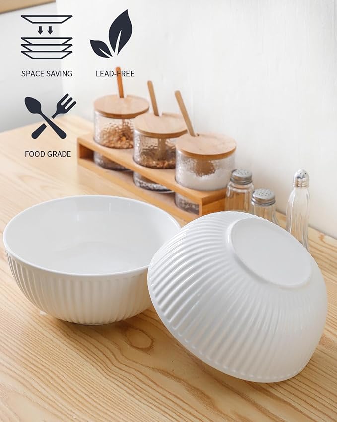 HASENSE Large Salad Bowls of 2, Porcelain 60 Oz Serving Bowl 8 Inch for Kitchen Dining,Elegant Ribbed White Ceramic Dishes for Party,Soup,Pho,Pasta,Cereal,Fruit - Dishwasher & Microwave Safe