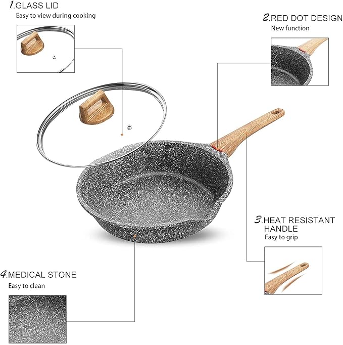 Starunder Induction Nonstick Skillet Frying Pan With Lid,Swiss Granite Omelette Pan, Scratch-Resistant Safe Cookware Set，PFOA Free(8 inch)