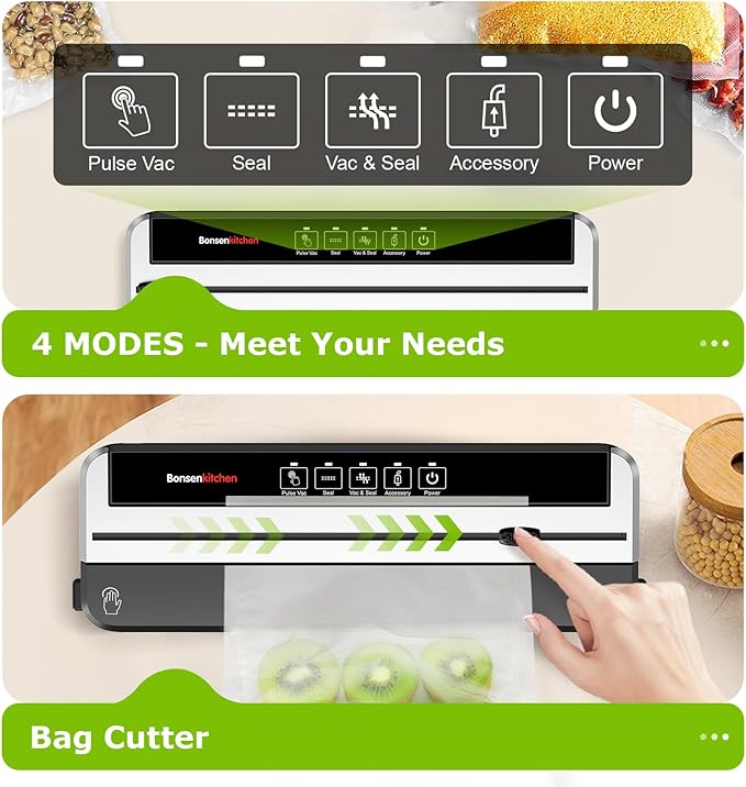 Bonsenkitchen Vacuum Sealer Machine, Built-in Cutter | Multifunctional Food Sealer for Sous Vide & Meal Prep, 5 Pre-Cut Bags, Silver-Black