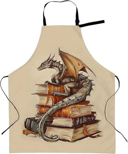 Dragon and Book Apron with Adjustable Neck Strap,Ancient Books Fantasy Kitchen Aprons with 2 Pockets for Women,28x33in,Oxford Fabric,Gifts for Wife Mom,For Chef Cooking Baking Gardening BBQ