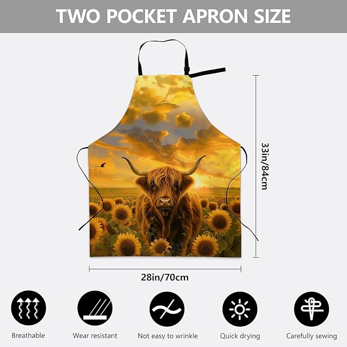 Highland Cow in Sunflower Field Apron, Adjustable Kitchen Sunset Design Aprons with Pockets for Cooking BBQ Gardening, 28×33 IN, Holiday Gifts for Women Wife, for Chef Baking, Oxford Fabric