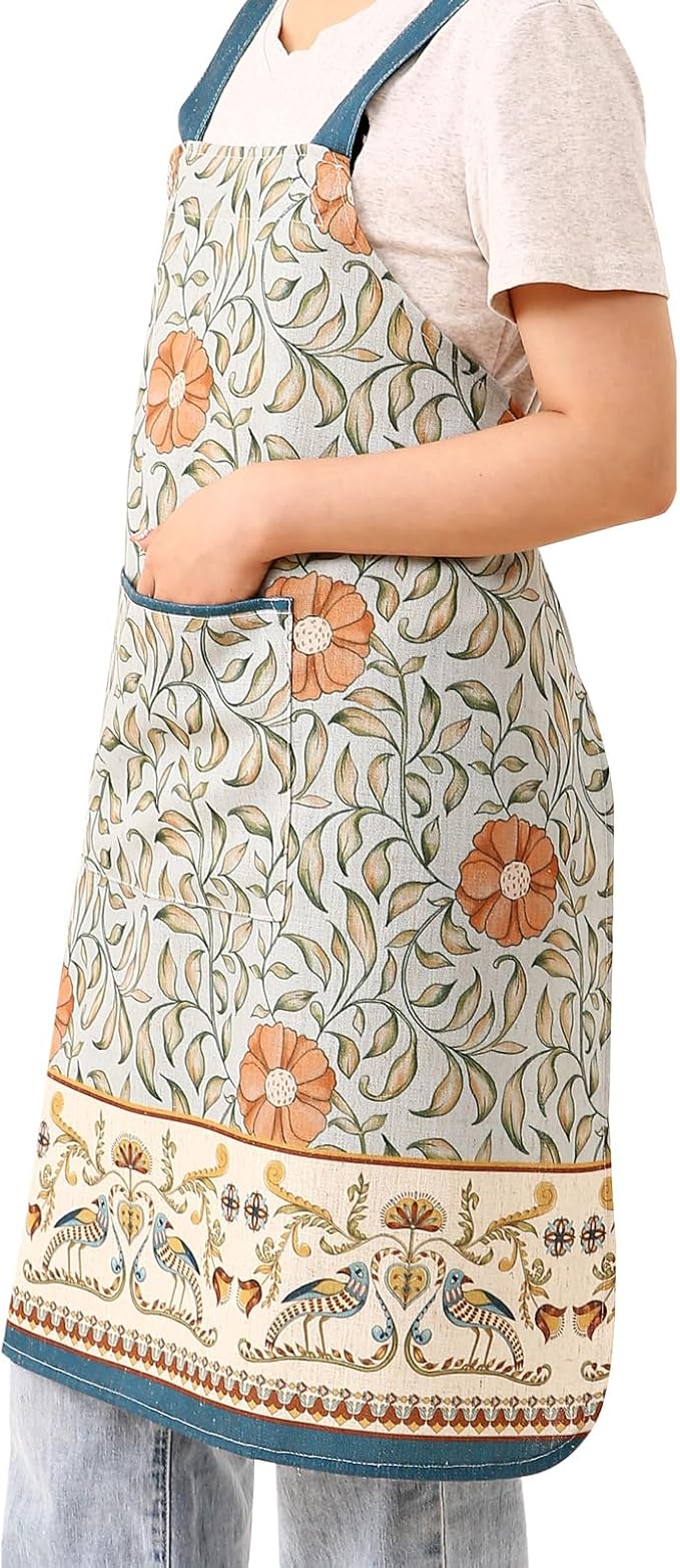 patdrea Blue Floral Linen Apron with Pocket,French Kitchen Garden Chef BBQ Aprons for Women and Men,Crisscross Back Straps