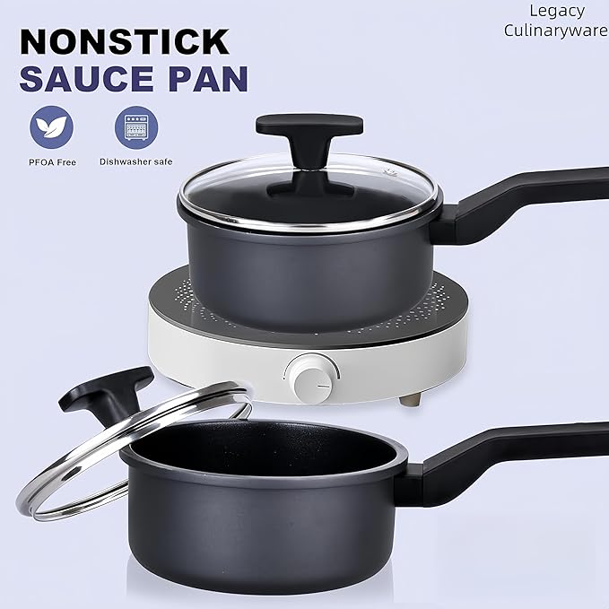Legacy Culinaryware Nonstick Sauce Pan with Lid,1.5QT small pot, PFOA Free,Kitchen Pots Induction Pot,Black