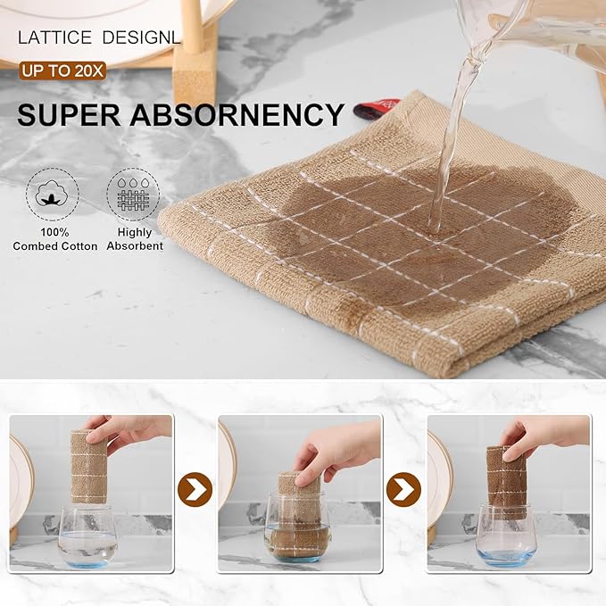 Mordimy 100% Cotton Terry Cloth Dish Cloths, Soft and Absorbent Checkered Dish Towels, Quick Drying Dish Rags for Washing Dishes, 6 Pack, 12 x 12 Inches, Tan