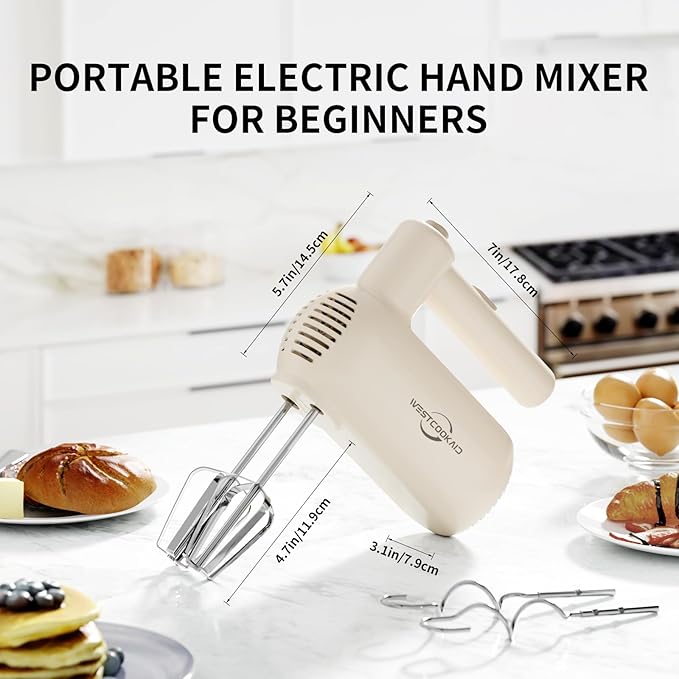 Hand Mixer, 5-Speed Mixer Electric Handheld with Turbo Ultra Power, 4 Stainless Steel Accessories Whipping Egg Cream, Small Hand Mixer for Baking Cake, Christmas Gifts for Women (White)