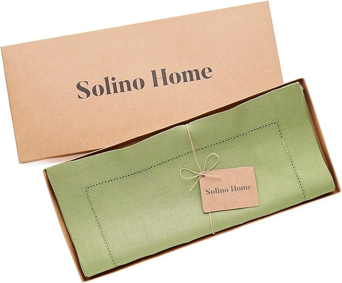 Solino Home Linen Table Runner 108 Inches Long - 100% Pure Linen Moss Green Table Runner 14 x 108 Inch for Winter, Spring, Easter, St Patricks Day - Classic Hemstitch