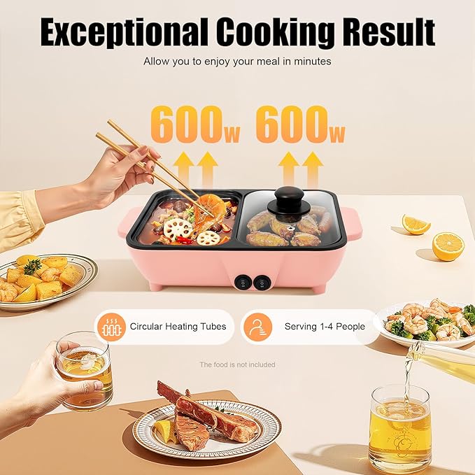 1300W & Nonstick Dual Zone Electric Hot Pot & Tabletop Grill for 3 People, Multi-Cooker for Hot Pot, BBQ, Korean BBQ, Shabu Shabu, Family Dinner & Party, 110V (1300w+mini+pink)