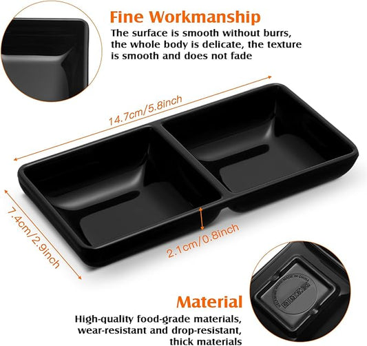 Gejoy 6 Pcs Dual Dipping Sauce Bowls Soy Sauce Dish Bowls Two Compartments Party Trays Divided Fondue Plates for Restaurant Kitchen Sushi Soy (Black)