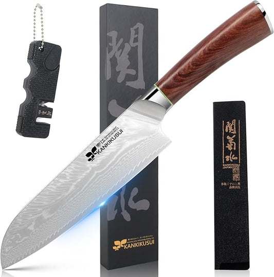 KANKIKUSUI Chefs Knife Damascus Forged 7" Japanese VG-10 Super Steel 67 Layer Damascus Steel, Sharp Versatile, Red Sandalwood Handle, Luxury Gift Box, Scabbard, Sharpener