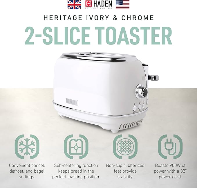 Haden Heritage 2-Slice Wide-Slot Toaster, Stainless-Steel Bread Toaster with Adjustable Browning Control, Non-Slip Feet & Crumb Tray, Ivory & Chrome