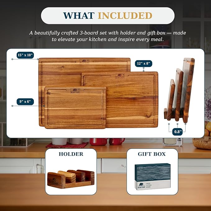 Bearchop Acacia Wood Cutting Board Set of 3 with Storage Stand, Reversible Wooden Cutting Boards for Kitchen with Deep Juice Grooves, Premium Wood Cutting Board Set for Prep, Serving & Gifting
