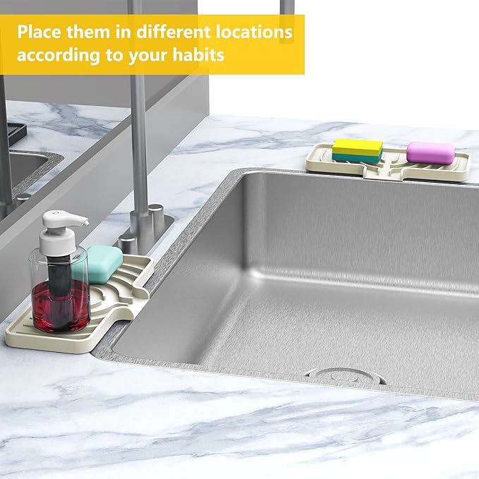 Sponge Holder for Kitchen Sink, Soap Tray for Sink & Counter, 9.8"×4.9" Soap Dish Mat, Silicone with Drain, Perfect for Dispenser, Scrubber, Bottle, Cup (Cream)