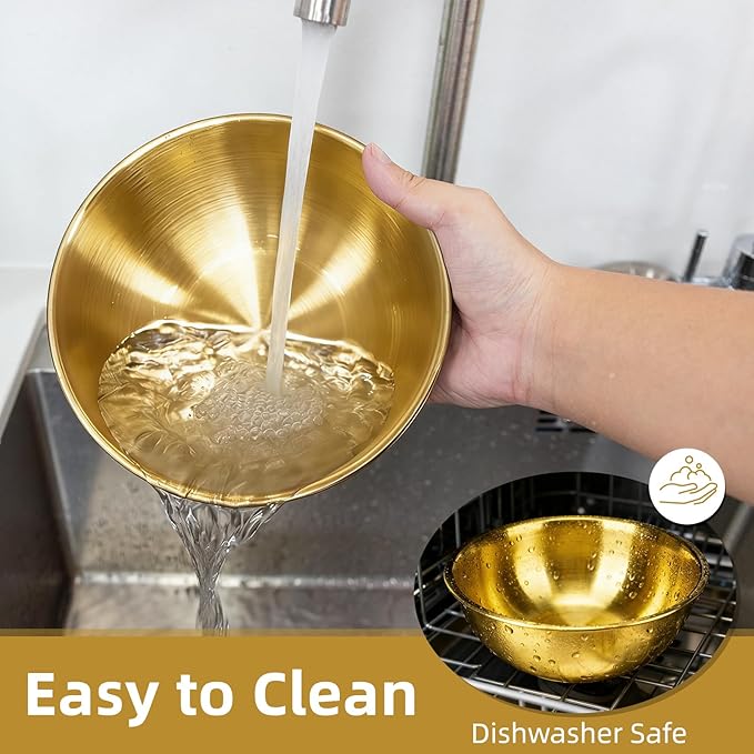 fecoqi 3-Set Stainless Steel Golden Mixing Bowls Set (8.26"+7.1"+6.3"), Metal Bowl with Measurement Marks, Dishwasher Safe & Stackable - Perfect for Baking, Salad Making, Meal Prep and Kitchen Use
