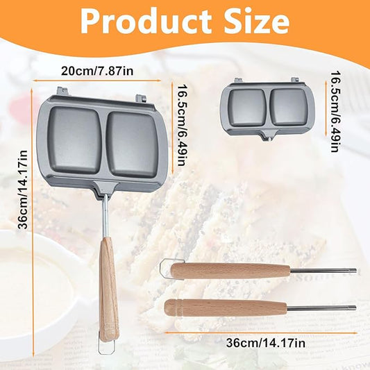 Qivine Breakfast Sandwich Maker, Double-Side Hot Dog Toaster, Nonstick Sandwich Baking Pan Hot Dog Bun Pan, Campfire Sandwich Maker With Removable Handle for Breakfast Pancakes, Toast, Omelets