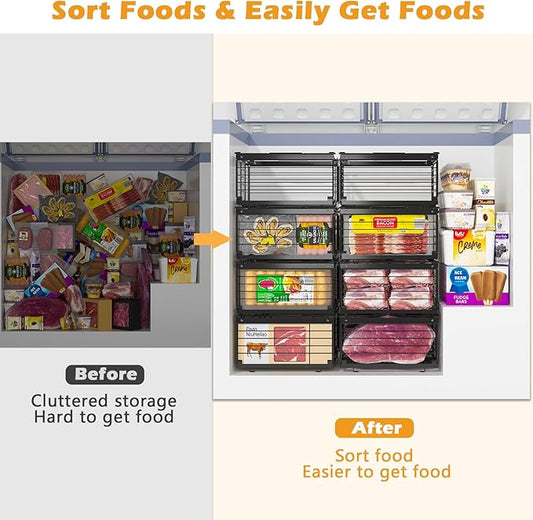 NADAMOO Freezer Organizer Bins, 2 Packs Large Expandable Stackable Chest Freezer Containers with Handle, Metal Adjustable Storage Baskets for Fridge, Deep Freezer, Cabinet, Kitchen, Pantry - Black