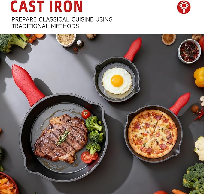 Cast Iron Skillet 3 piece set, cookware set 6, 8, 10 Inches, for frying, saute, &more, easy use in the oven, stove, grill, or campfire, black, with silicone heat-resistant cover