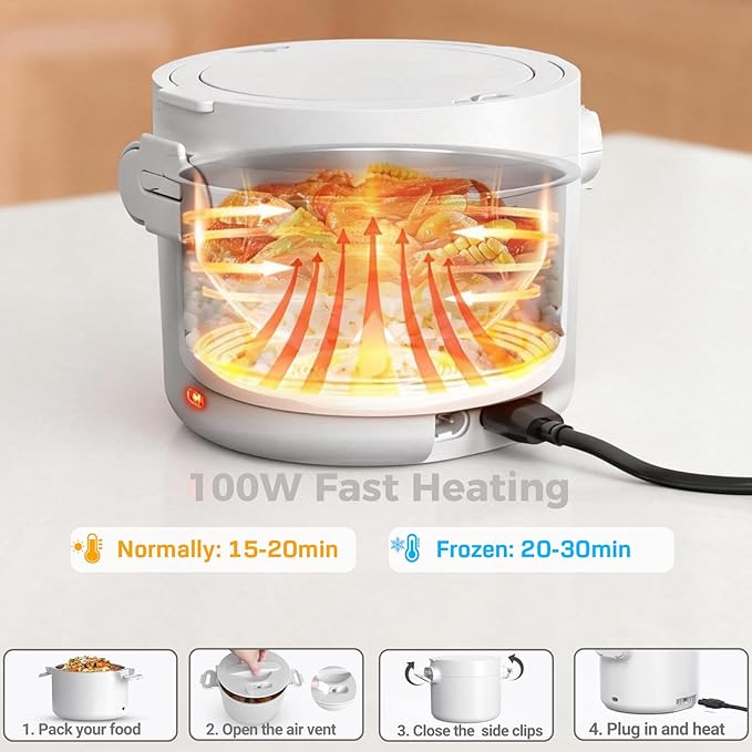 Electric Lunch Box, 33OZ Portable Food Warmer | 100W Rapid Heating & Leak-Proof 304 Stainless Steel | 3-in-1(Car 12V/24V & Home 110V) | Perfect for Work/Travel,On-the-Go,Ideal Gift for Men & Women