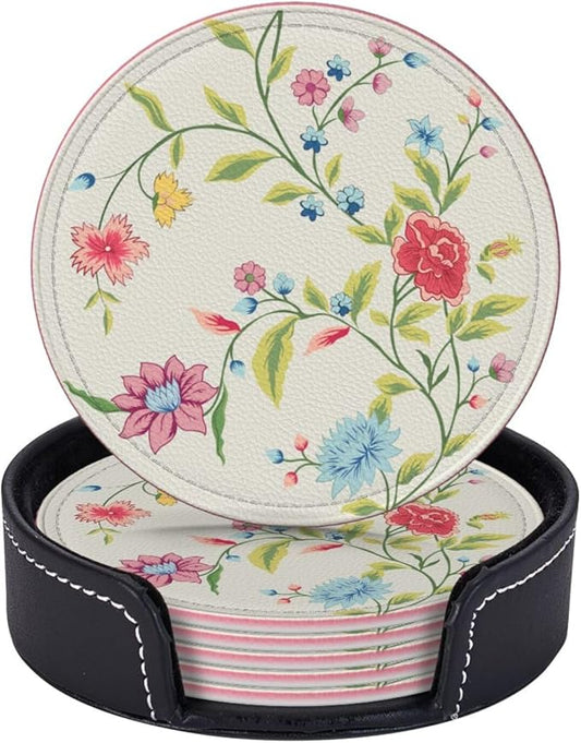 Spring Floral Leather Drink Coasters Set of 6 with Holder Round Cup Coaster for Table Decor