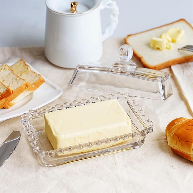 6.5'' Clear Glass Butter Dish with Handled Lid,Classic 2-Piece Design Butter Keeper For Countertop,Dishwasher Safe