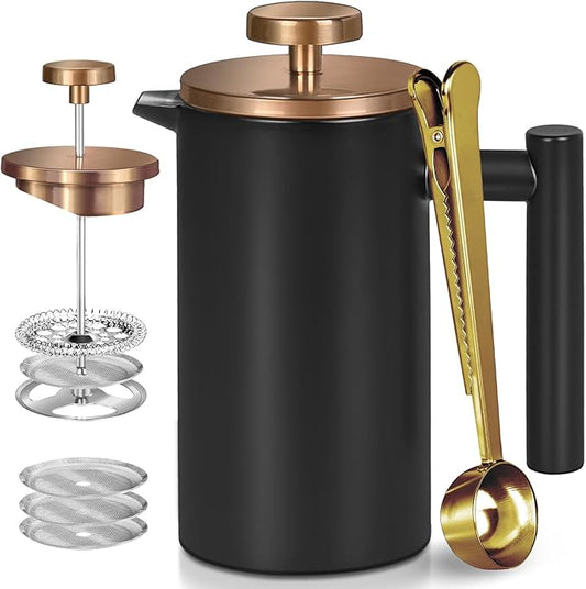 WORBIC Black Stainless Steel French Press Coffee Maker, Double Wall Insulated French Press,for Coffee&Tea,with 3 Extra Screens and a Coffee Spoon,50oz/1500ml,Gold