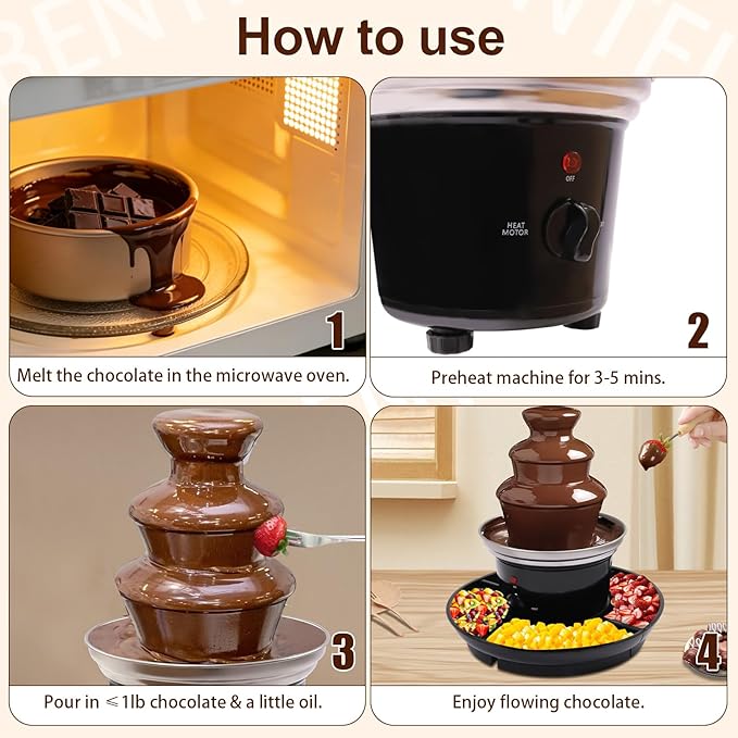 1lb Chocolate Fountain, 3-Tier Party Fountain with Fruit Plate, Chocolate Fondue Fountain for Christmas Birthday Party, 120V 40W