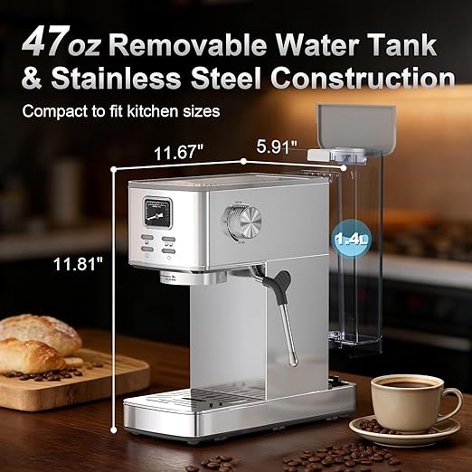 Electactic Espresso Machine 20 Bar, Compact Espresso Coffee Machine with Steam Milk Frother & 47oz Removable Water Tank, Hot Water Function for Home Cappuccino, Latte