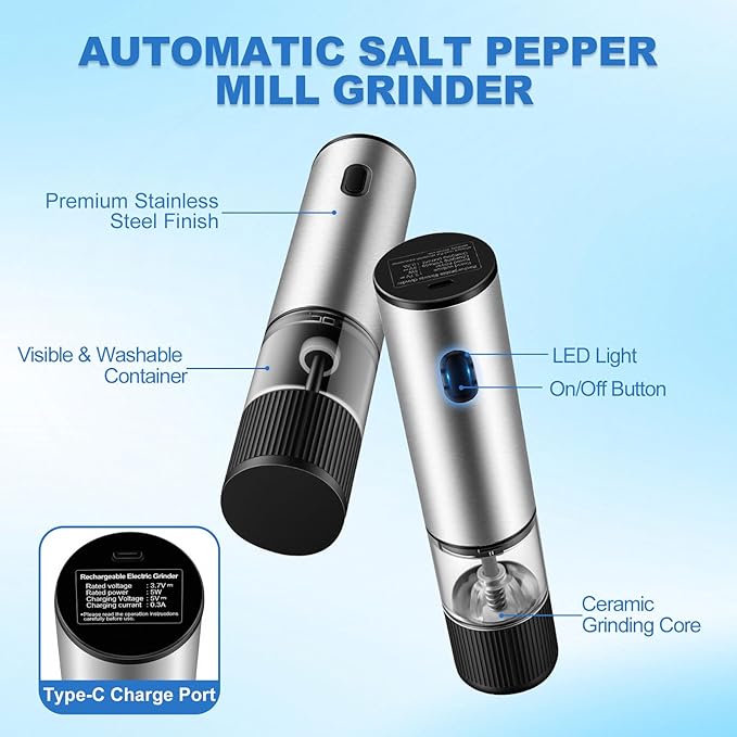 2 Pack Electric Salt and Pepper Grinder Set, Salt and Pepper Shakers with LED Light, USB C Dual Charging Base, Adjustable Coarseness, One-Hand Operation, Large Capacity for Kitchen, Dining & BBQ