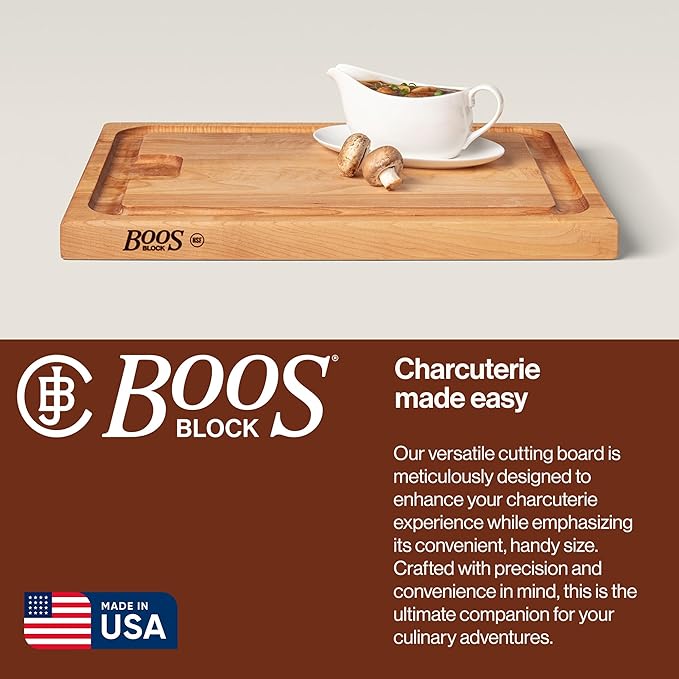 John Boos Aujus Series Rectangular Wooden Maple Cutting Board 20”x15” – 1.5” Thick, 12-lb Reversible Butcher Block with Sloped Juice Groove, Edge-Grain & Finger Grips – Made in the USA