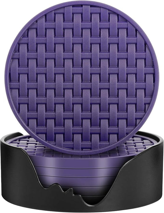 Purple Silicone Coasters with Holder, 4 Inches Non-Slip Decorative Cup Mats for Drinks, Heat Resistant & Waterproof Round Coaster Set of 6 for Home, Office, Kitchen, Bar Table