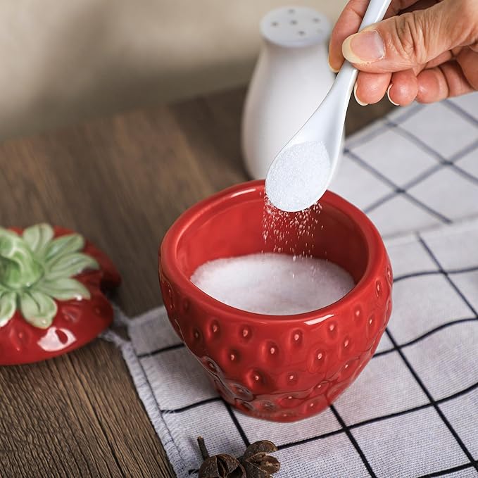 WAIT FLY Strawberry Ceramic Sugar Bowl with Lid, Sugar Container, Sugar Salt Pepper Storage Jar for Kitchen Countertop, Coffee Bar