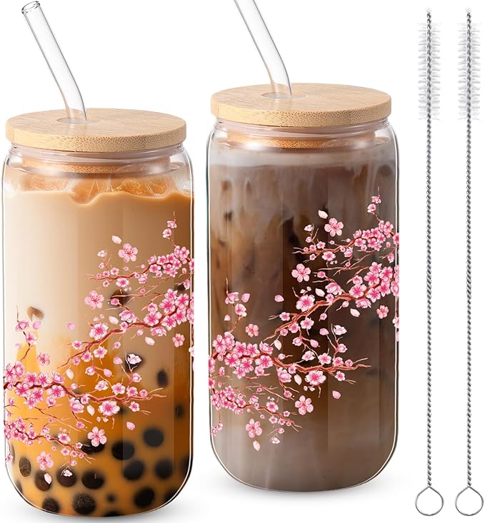 Sliner 2 Pcs Cherry Blossom Glass Cups Floral Drinking Glasses Sakura Iced Coffee Tumbler with Lid Straw Cleaning Brush 16 oz Beer Can Tumbler Holiday Gifts for Home Office Decorations