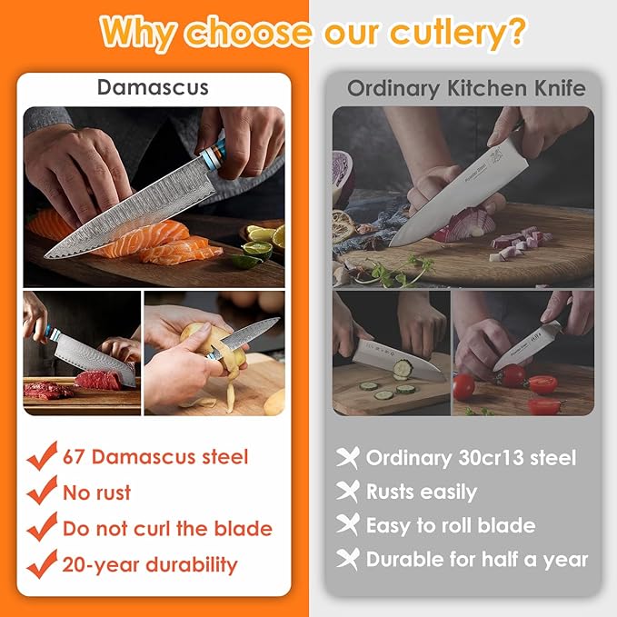 Chef Knife Set Damascus, 3PCS Professional Japanese VG10 Damascus Steel Kitchen Knife Set Chefs Knife, Paring knife, Santoku Knives, Chef Knife Set for Kitchen with Gift Box